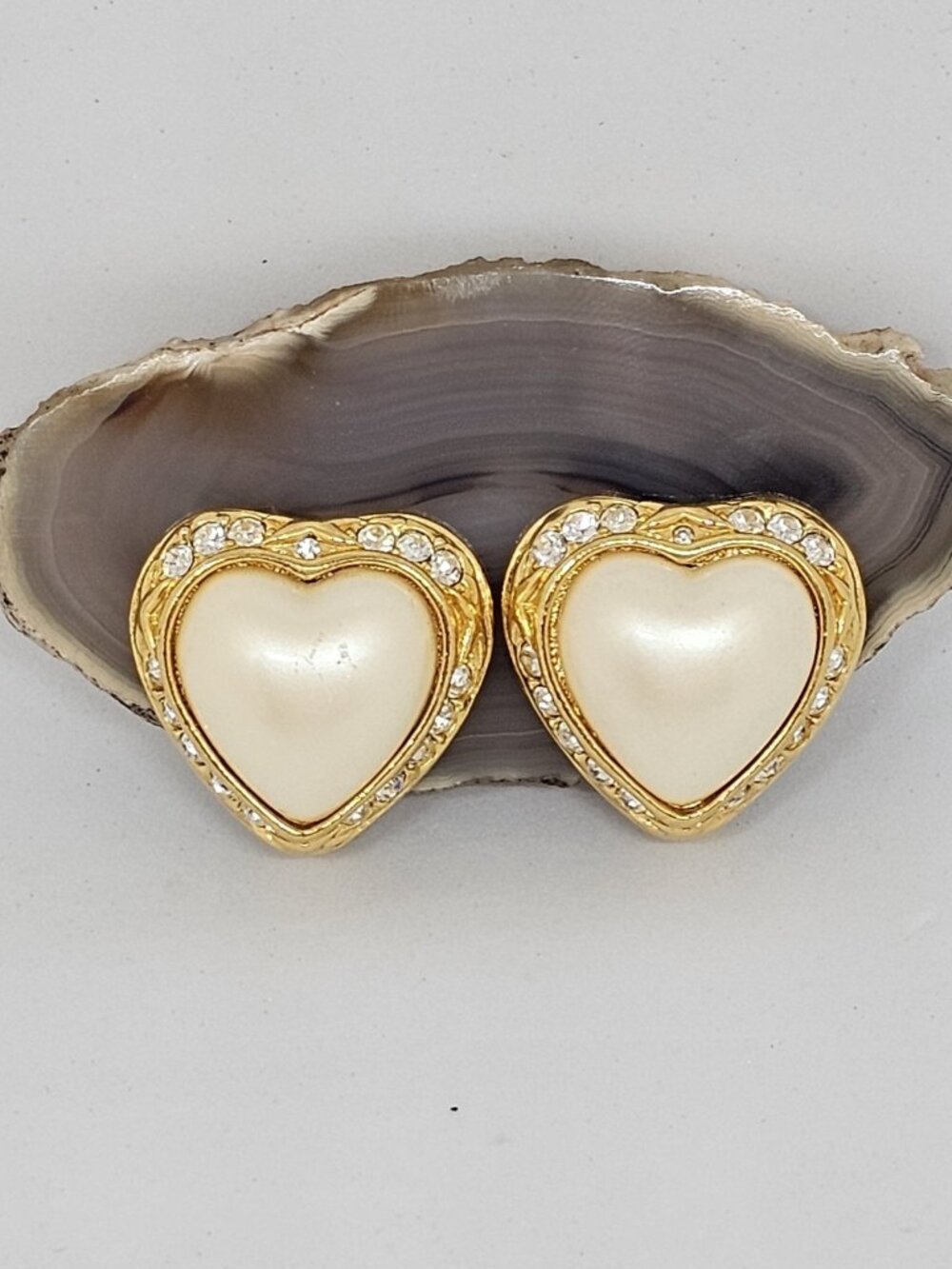 Vintage JOAN RIVERS Earrings Gold White Faux Pearl Heart Rhinestones Clip On